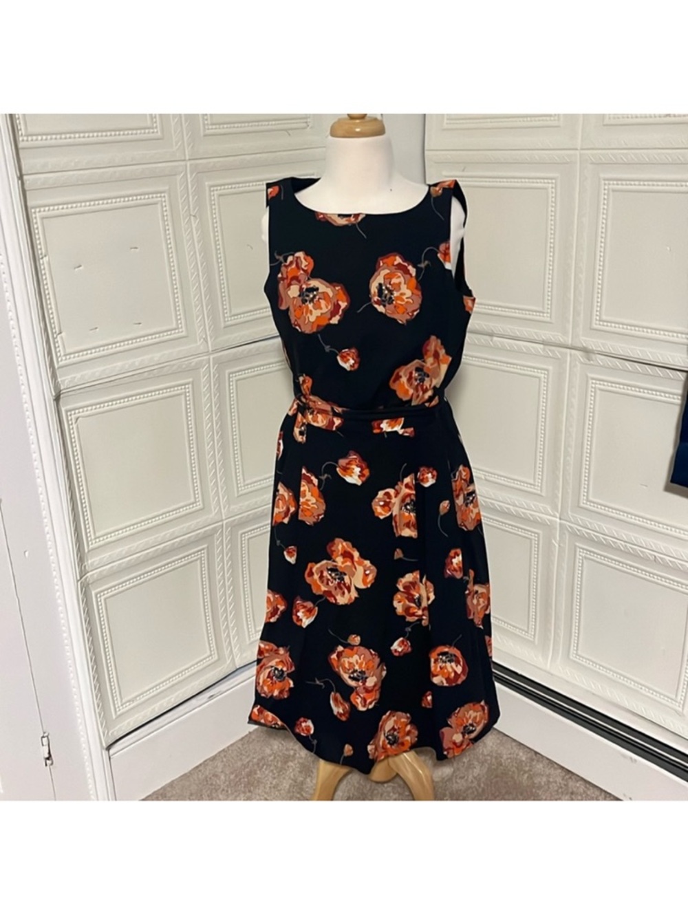 L.L.Bean Floral Midi Dress Black Orange Print Tie Waist Sleeveless Cottagecore